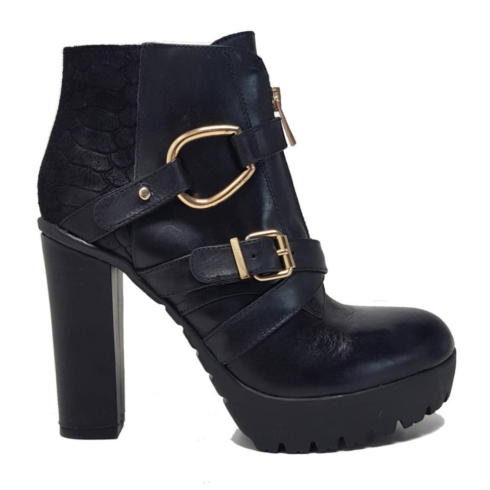 BLACK GENUINE LEATHER AND SNAKESKIN ANKLE BOOTS WITH GOLD BUCKLES
